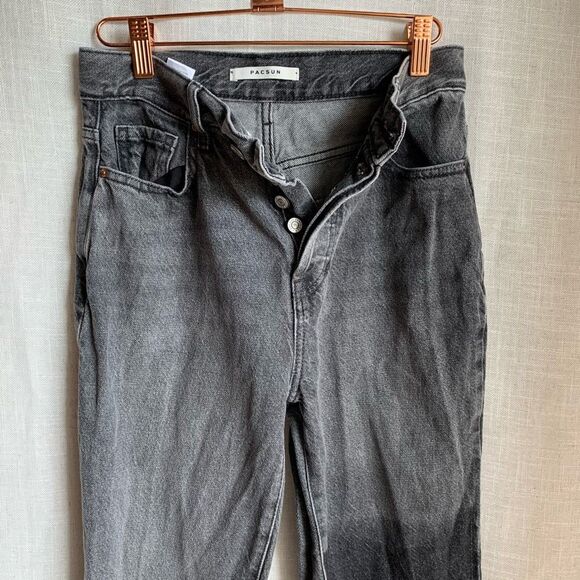 PacSun Black High Rise Jeans 25 Button Fly Straight Leg Raw Hem Grunge Y2K Denim - Picture 2 of 16